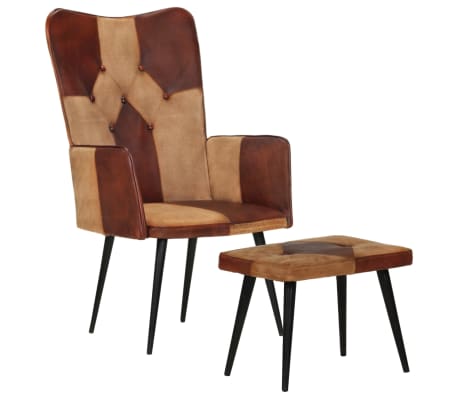 vidaXL Sillón con reposapiés cuero auténtico y lona marrón
