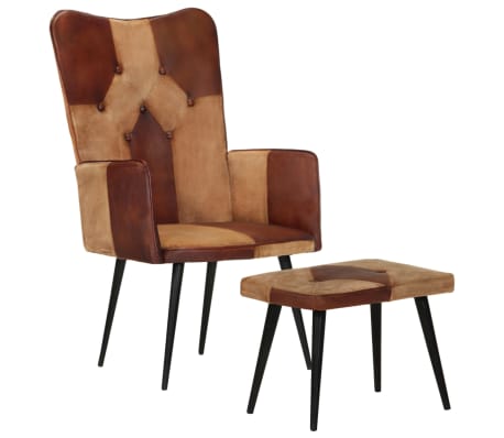 vidaXL Sillón con reposapiés cuero auténtico y lona marrón