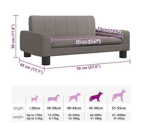 vidaXL Lit pour chien taupe 70x45x30 cm tissu