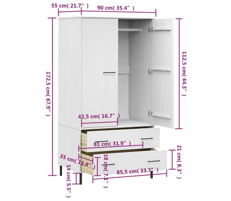 vidaXL Armario patas de metal OSLO madera maciza blanco 90x55x172,5 cm