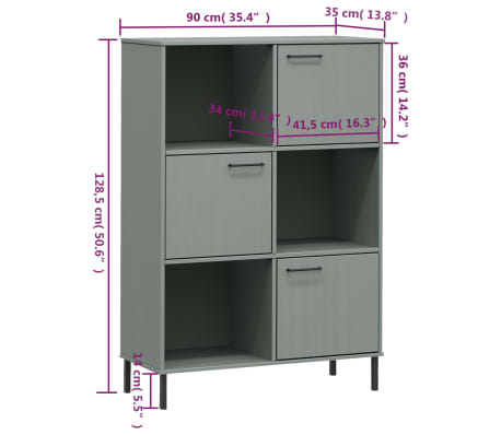 vidaXL Librería patas de metal OSLO madera maciza gris 90x35x128,5cm
