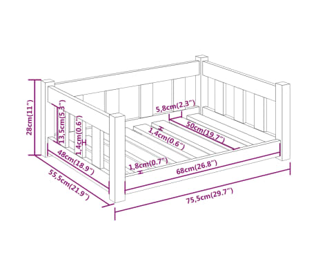vidaXL Cama para perros madera maciza de pino blanca 75,5x55,5x28 cm