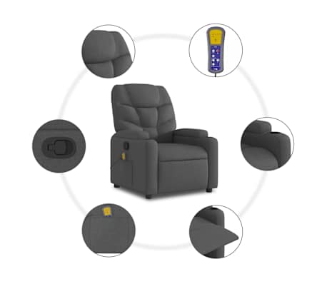 vidaXL Sillón de masaje reclinable de tela gris oscuro