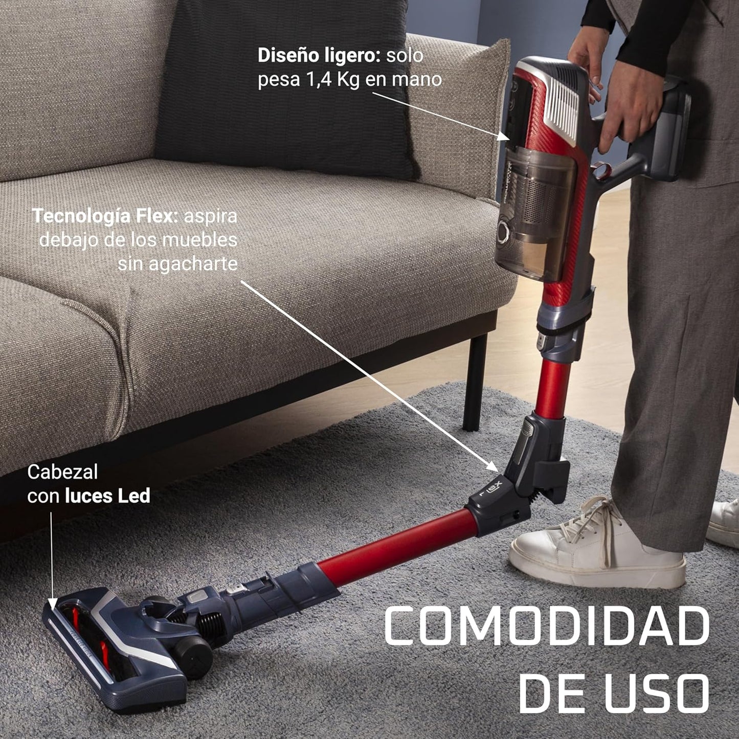 Rowenta XPert 6.60 Flex RH6471 - Aspirateur balai sans fil, avec 3 fonctions en 1, autonomie de 45 minutes, batterie lithium, tube flexible, accès facile aux différentes surfaces, Noir/Rouge